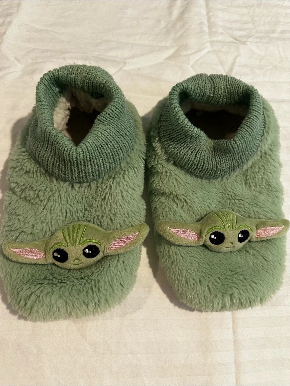 Baby Yoda LF Mint Green Plush Slip-On Slippers Socks with Knit Trim